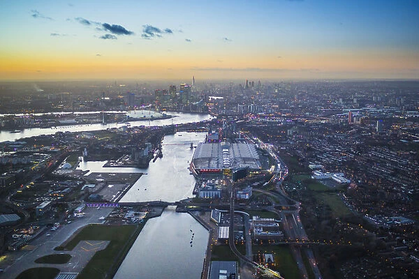 Aerial view over London Excel and Royal Victoria Dock, London, England
