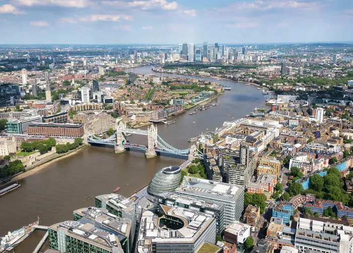 Framed Print : The aerial view of London towards Tower Bridge and Canary Wharf, London, England Framed Print : The aerial view of London towards Tower Bridge and Canary Wharf, London, England