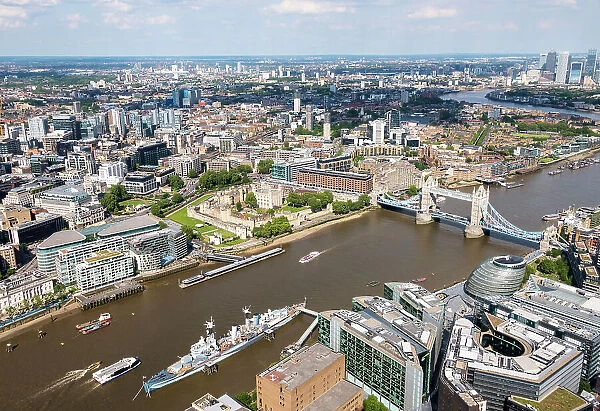 The aerial view of London towards Tower of London and Tower Bridge, London, England