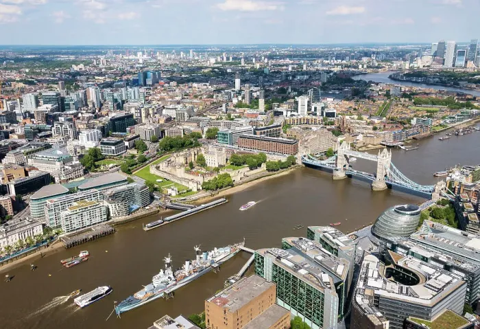 Framed Print : The aerial view of London towards Tower of London and Tower Bridge, London, England Framed Print : The aerial view of London towards Tower of London and Tower Bridge, London, England