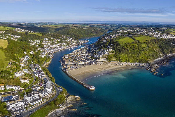 Aerial view over Looe, Cornish fishing town, Cornwall, England
