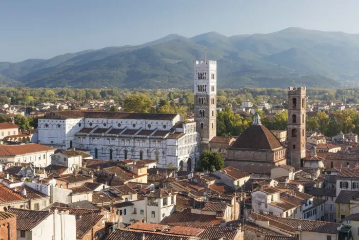 Framed Print : Aerial view of Lucca Cathedral and the walled city, Lucca, Tuscany, Italy Framed Print : Aerial view of Lucca Cathedral and the walled city, Lucca, Tuscany, Italy