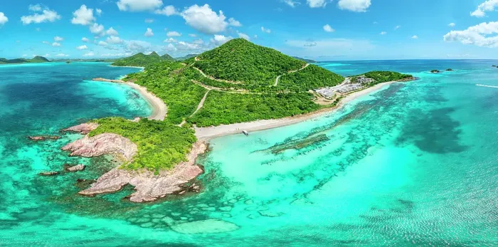 Framed Print : Aerial view of lush green headland of Pearns Point above a white sand beach, Antigua, Antigua & Barbuda, Caribbean, West Indies Framed Print : Aerial view of lush green headland of Pearns Point above a white sand beach, Antigua, Antigua & Barbuda, Caribbean, West Indies
