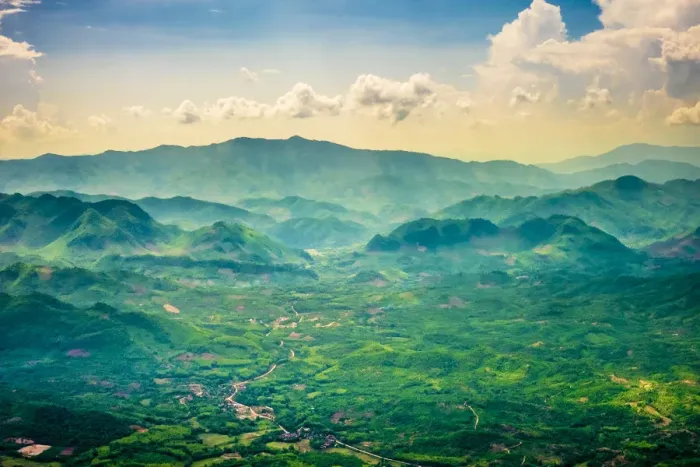 Framed Print : Aerial view of lush mountain landscape near Luang Prabang, Louangphabang Province, Laos Framed Print : Aerial view of lush mountain landscape near Luang Prabang, Louangphabang Province, Laos