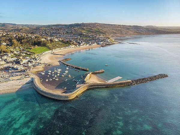 Aerial view over Lyme Regis and Lyme Bay, Jurassic Coast World Heritage Site, Dorset, England, UK
