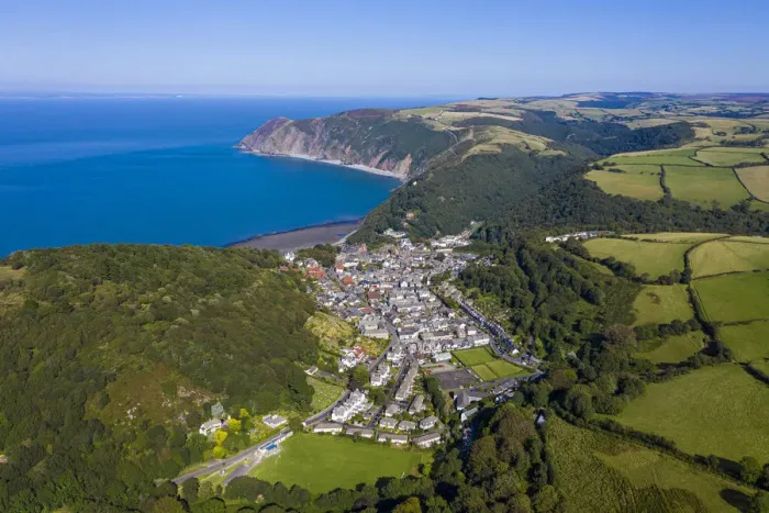 Framed Print : Aerial view of Lynton, Emoor National Park, North Devon, England Framed Print : Aerial view of Lynton, Emoor National Park, North Devon, England