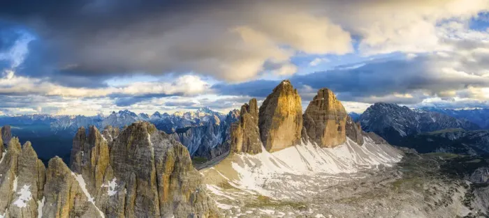 Framed Print : Aerial view of majestic peaks of Tre Cime di Lavaredo and Monte Paterno at sunset Framed Print : Aerial view of majestic peaks of Tre Cime di Lavaredo and Monte Paterno at sunset