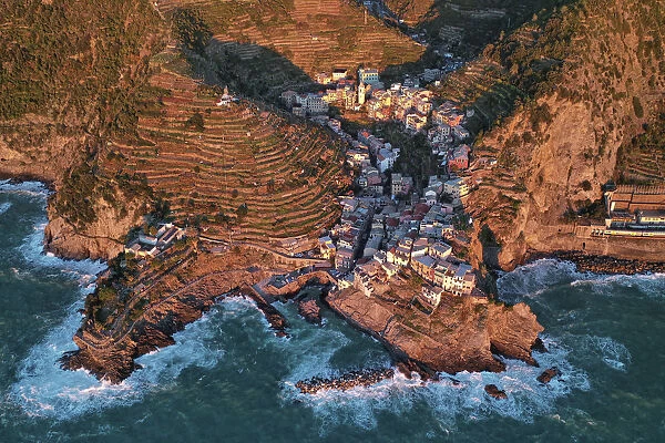 aerial view of Manarola at sunset, national park of Cinque Terre, municipality of