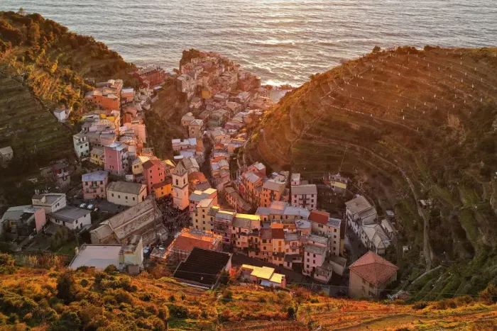 Framed Print : aerial view of Manarola at sunset, national park of Cinque Terre, municipality of Framed Print : aerial view of Manarola at sunset, national park of Cinque Terre, municipality of