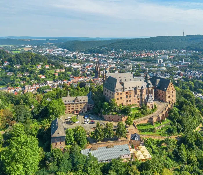 Framed Print : Aerial view at Marburg castle, Lahn, Lahn valley, Hesse, Germany Framed Print : Aerial view at Marburg castle, Lahn, Lahn valley, Hesse, Germany