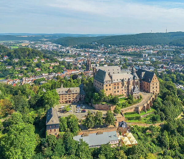 Aerial view at Marburg castle, Lahn, Lahn valley, Hesse, Germany