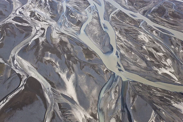 Aerial view of Markarfljot river delta or estuary, SW Iceland