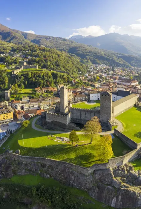 Framed Print : Aerial view of the medieval Bellinzona castles, Unesco World Heritage site Framed Print : Aerial view of the medieval Bellinzona castles, Unesco World Heritage site