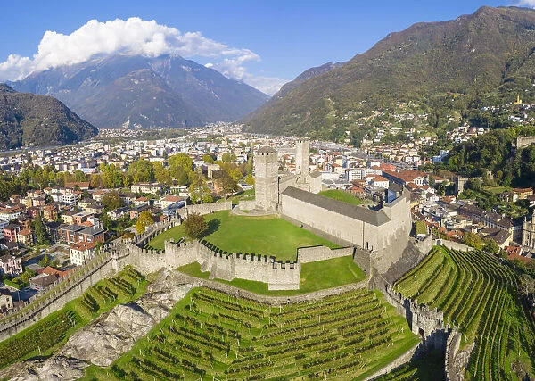 Aerial view of the medieval Bellinzona castles, Unesco World Heritage site, Ticino