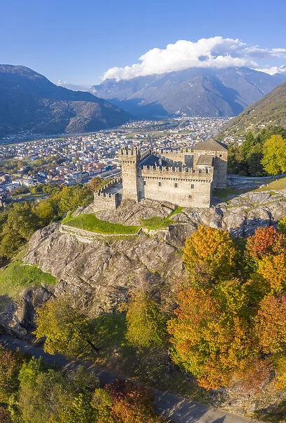 Aerial view of the medieval Bellinzona castles, Unesco World Heritage site