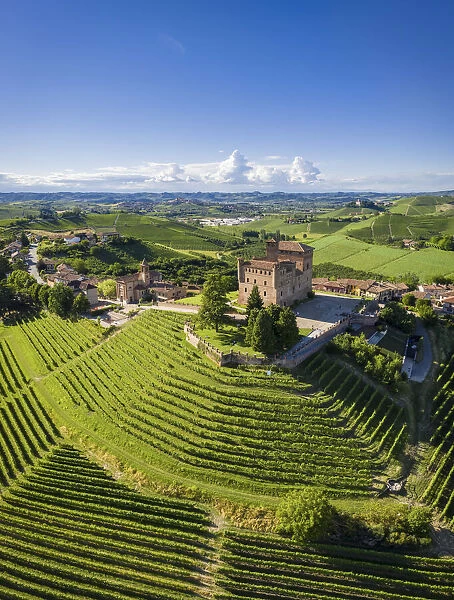 Aerial view of the medieval Castello di Grinzane Cavour
