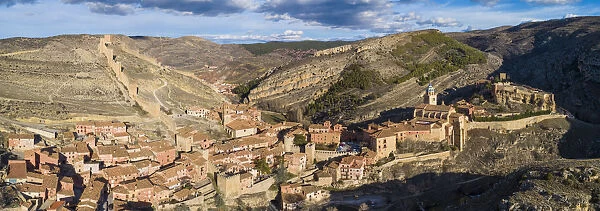 Aerial view of the medieval town of Albarracin. Albarracin, Teruel, Aragon, Spain