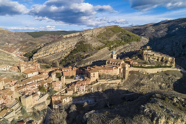 Aerial view of the medieval town of Albarracin. Albarracin, Teruel, Aragon, Spain