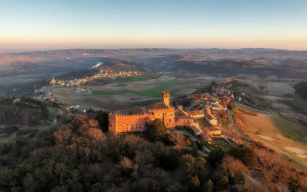 Aerial view of the medieval town of Camino Monferrato and its castle. Camino, Monferrato wine region, MOnferrato, Piedmont, Italy