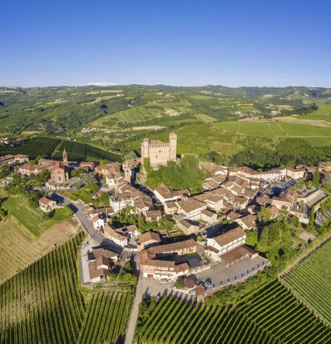 Framed Print : Aerial view of the medieval town of Serralunga d Alba and its castle Framed Print : Aerial view of the medieval town of Serralunga d Alba and its castle