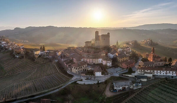 Aerial view of the medieval town of Serralunga D'Alba and its castle. Serralunga D'Alba, Barolo wine region, Langhe, Piedmont, Italy