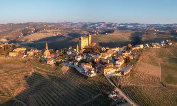 Framed Print : Aerial view of the medieval town of Serralunga D'Alba and its castle. Serralunga D'Alba, Barolo wine region, Langhe, Piedmont, Italy