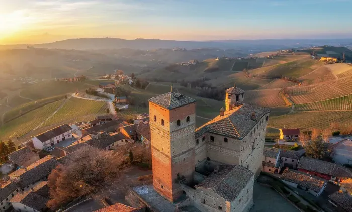 Framed Print : Aerial view of the medieval town of Serralunga D'Alba and its castle. Serralunga D'Alba, Barolo wine region, Langhe, Piedmont, Italy, Europe