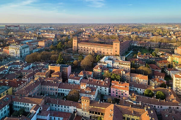 Aerial view of the medieval Visconti Castle of Pavia at sunset. Pavia, Lombardy, Italy, Europe