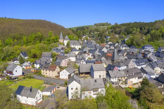 Framed Print : Aerial view on the medival village of Herrstein, Hunsruck, Rhineland-Palatinate, Germany Framed Print : Aerial view on the medival village of Herrstein, Hunsruck, Rhineland-Palatinate, Germany