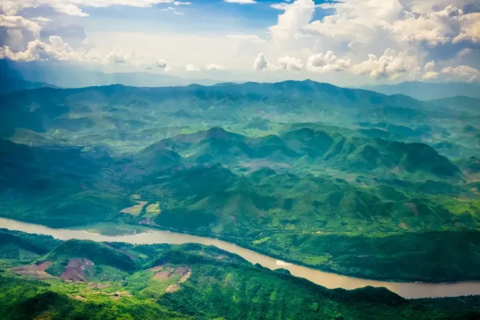 Framed Print : Aerial view of Mekong river and mountain landscape near Luang Prabang, Louangphabang Framed Print : Aerial view of Mekong river and mountain landscape near Luang Prabang, Louangphabang