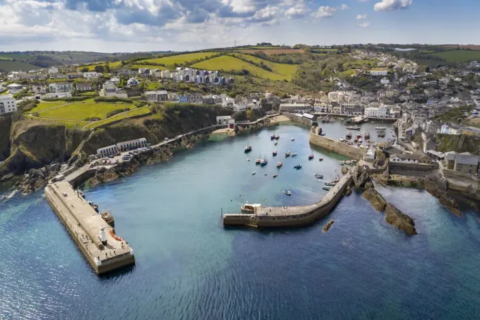 Framed Print : Aerial view of Mevagissey harbour on a sunny spring day, Mevagissey, Cornwall, England Framed Print : Aerial view of Mevagissey harbour on a sunny spring day, Mevagissey, Cornwall, England