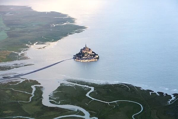 aerial view of Mont Saint Michel at high tide, Manche, France
