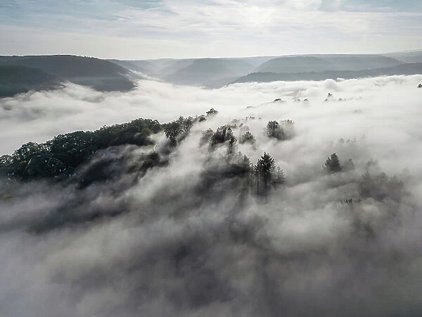 Aerial view at morning fog near Traben-Trarbach, Moselle valley, Rhineland-Palatinate, Germany