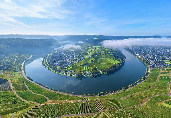 Aerial view at Moselle horseshoe bend at Kroev with morning fog, Mosel valley, Rhineland-Palatinate, Germany