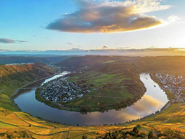 Aerial view at Moselle horseshoe bend at Kroev at sunset, Mo0sel valley, Rhineland-Palatinate, Germany