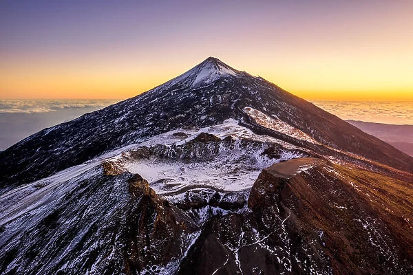 Aerial view of mount Teide and the Pico Viejo at dusk. Teide National Park