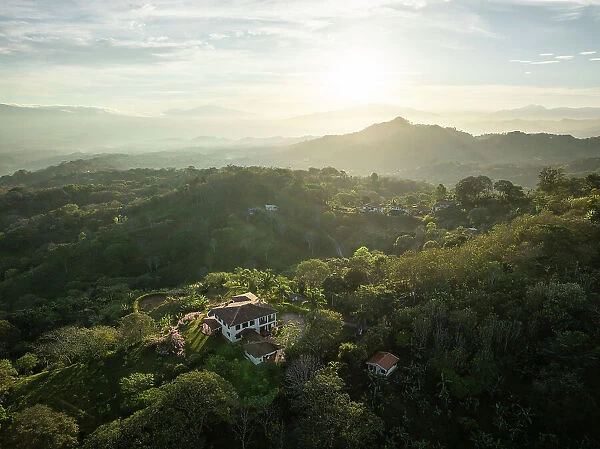 Aerial view of mountains near Atena at dawn, Alajuela Province, Costa Rica, Central America