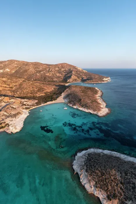 Framed Print : Aerial view of Myrsini Bay in Polyaigos Island, near Milos and Kimolos Island (Cyclades Islands, Greece)
