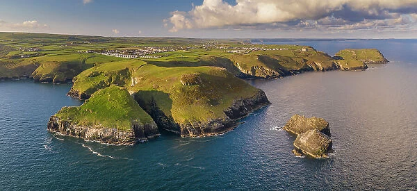 Aerial view of the North Cornish coastline near Tintagel, Cornwall, England. Spring (May) 2021