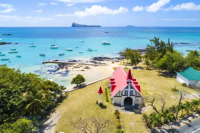 Framed Print : Aerial view of Notre Dame Auxiliatrice church, Cap Malheureux, Riviere du Rempart Framed Print : Aerial view of Notre Dame Auxiliatrice church, Cap Malheureux, Riviere du Rempart