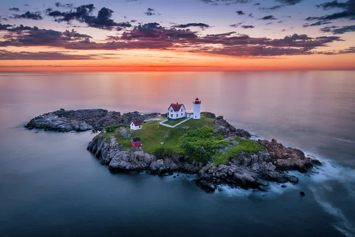Framed Print : Aerial view of Nubble Lighthouse at sunrise, Cape Neddick, Maine, USA Framed Print : Aerial view of Nubble Lighthouse at sunrise, Cape Neddick, Maine, USA