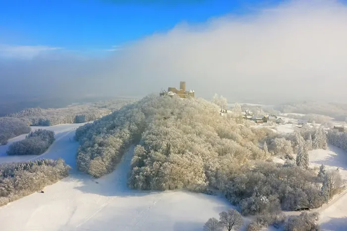 Framed Print : Aerial view at Nuerburg castle in winter, Nuerburg, Eifel, Rhineland-Palatinate, Germany