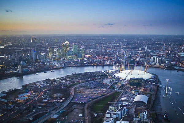 Aerial view over O2 arena, Isle of Dogs and Canary Wharf, London, England
