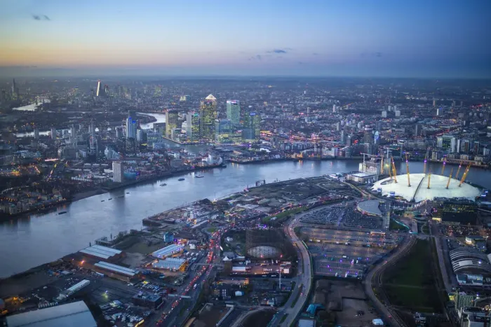 Framed Print : Aerial view over O2 arena, Isle of Dogs and Canary Wharf, London, England Framed Print : Aerial view over O2 arena, Isle of Dogs and Canary Wharf, London, England