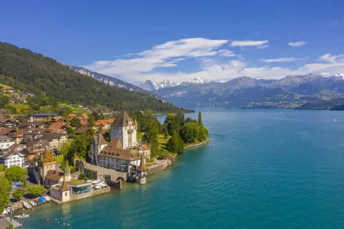 Framed Print : Aerial view at Oberhofen castle at Lake Thun, Berner Oberland, canton Berne, Switzerland Framed Print : Aerial view at Oberhofen castle at Lake Thun, Berner Oberland, canton Berne, Switzerland