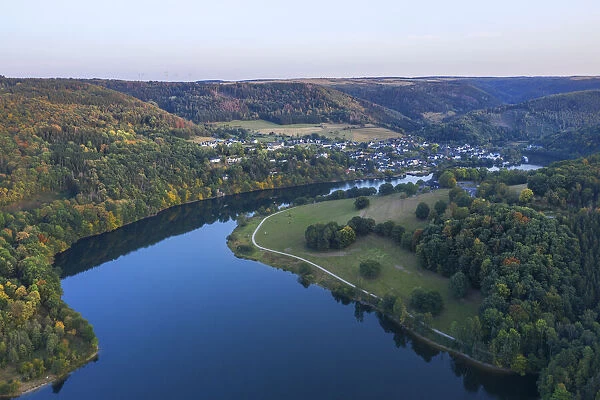 Aerial view at the Obersee part of the Lake Rur in the evening, Eifel National Parc