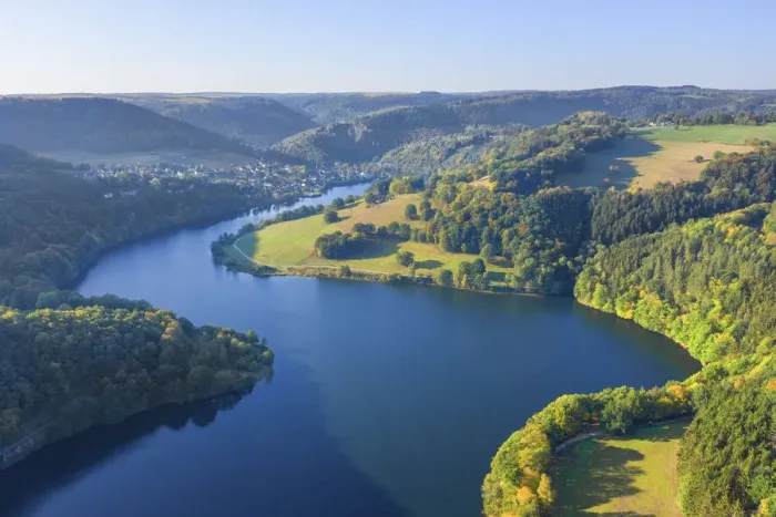 Framed Print : Aerial view at the Obersee part of the Lake Rur in the morning, Eifel National Parc Framed Print : Aerial view at the Obersee part of the Lake Rur in the morning, Eifel National Parc