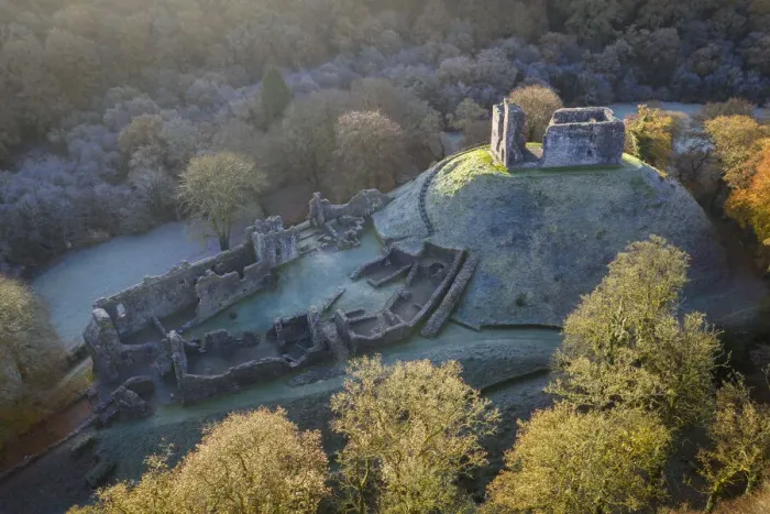 Framed Print : Aerial view of Okehampton Castle on a frosty autumn morning, Okehamton, Devon, England Framed Print : Aerial view of Okehampton Castle on a frosty autumn morning, Okehamton, Devon, England