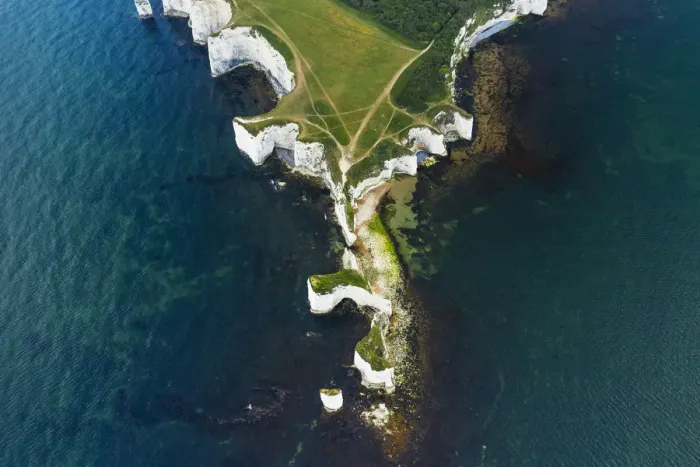 Framed Print : Aerial view of Old Harry Rocks, Jurassic coast, Swanage, Isle of Purbeck, Dorset, England