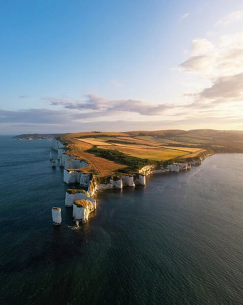 Aerial view of Old Harry Rocks at sunset during summer, Handfast Point, Purbeck isle, Dorset, England, United Kingdom